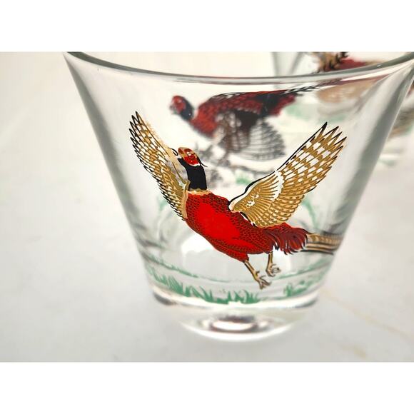 GLASSES/OLD FASHION/Vintage Pheasant-MCM-Hunting Barware-Red Gold-Set of 4 - Picture 3 of 14